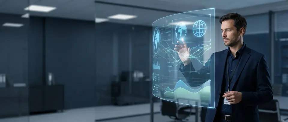 Security analyst reviewing holographic dashboard