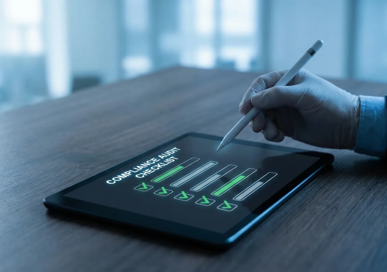 Hand using stylus on tablet showing compliance audit checklist
