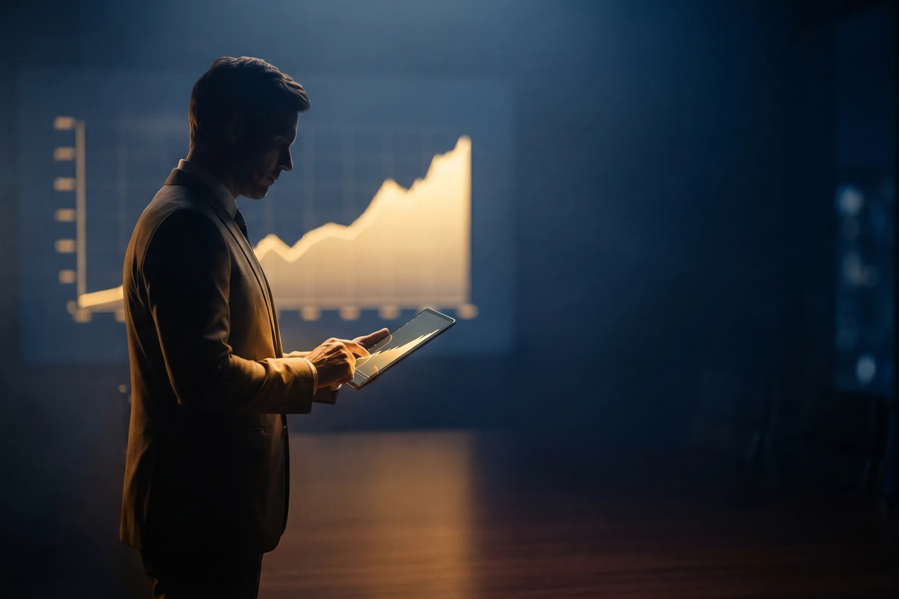 Executive in a boardroom reviewing a finance-grade growth KPI on a tablet